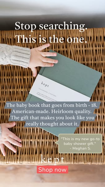 This ad showcases a baby book product called "kept" as the perfect baby shower gift, emphasizing its American-