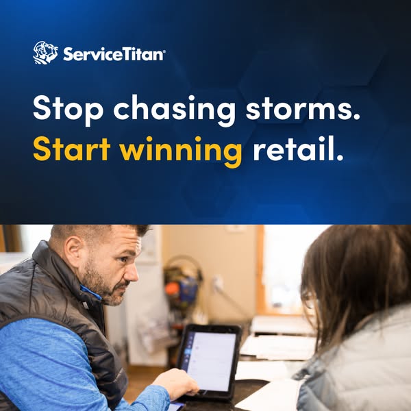 This image ad for ServiceTitan uses a before/after framework, contrasting the frustration of 'chasing storms' wi