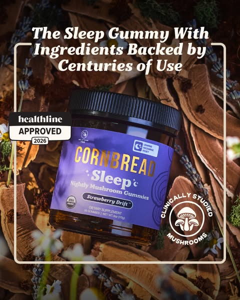 This ad promotes Cornbread's Sleep nightly mushroom gummies. The ad shows a close up of the gummy container with the