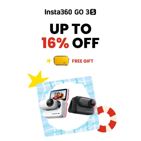 The ad promotes Insta360 GO 3S, a small action camera, with an offer of up to 16% off and a free gift. The ad features s