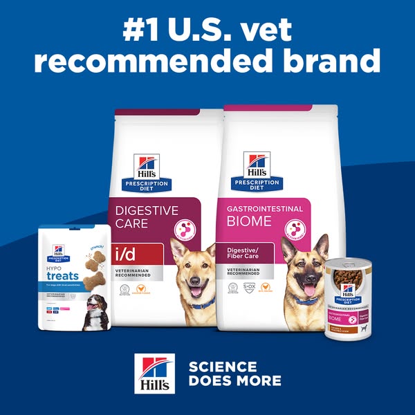 This ad promotes Hill's Prescription Diet dog food, featuring a range of products designed for digestive care and ga