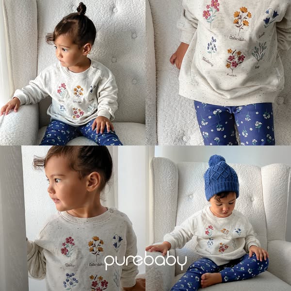 This ad shows a baby modeling clothing from Purebaby. The ad's split panel format showcases a long-sleeved shirt and