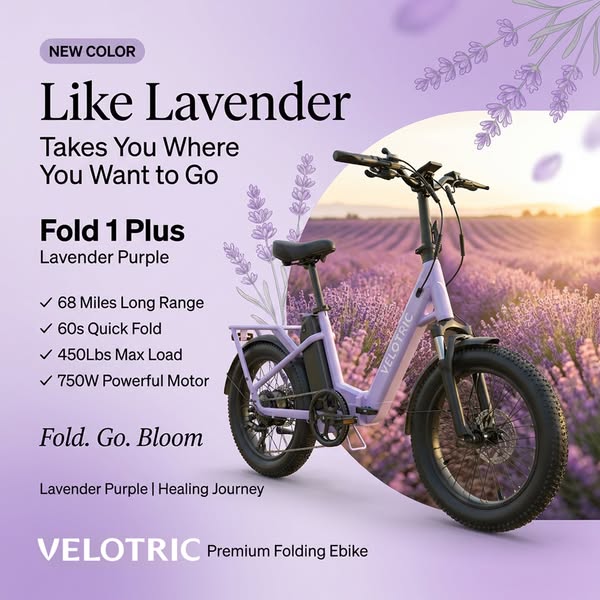 This ad for Velotric features the Fold 1 Plus electric bike in a new lavender color. The image is set in a lavender fiel