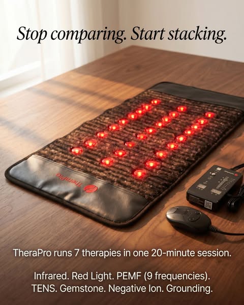 This ad showcases the TheraPro mat that delivers 7 therapies in one 20-minute session.