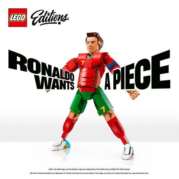 This image ad for LEGO Editions features a LEGO figure of Cristiano Ronaldo wearing a red and green soccer uniform. The 