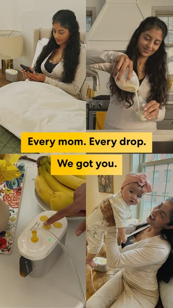 This ad for a breast pump features a collage of lifestyle shots showing a woman using the product at different stages of