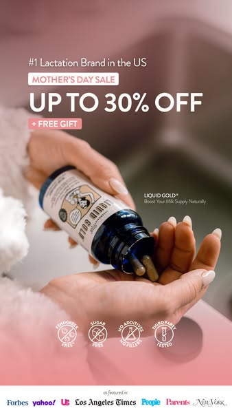 This ad for Liquid Gold lactation supplements features a Mother's Day sale with a discount of up to 30% and a free g