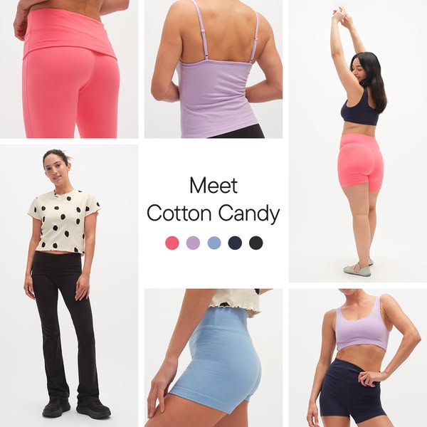 This ad promotes Cotton Candy brand activewear in different colors. The ad uses a collage of photos featuring models wea