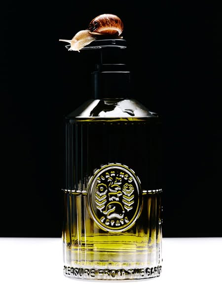 This ad showcases a bottle of The Alchemist Atelier fragrance. A snail is on top of the bottle cap.