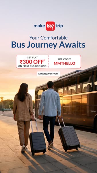 This ad from MakeMyTrip promotes comfortable bus journeys, offering a discount of ₹300 on the first bus booking with the