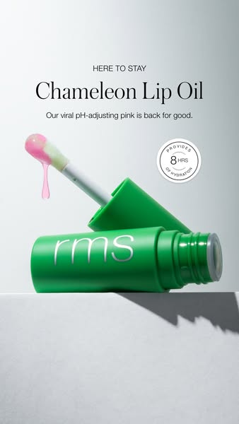 Image ad featuring the RMS Beauty Chameleon Lip Oil, highlighting its pH-adjusting properties and long-lasting hydration