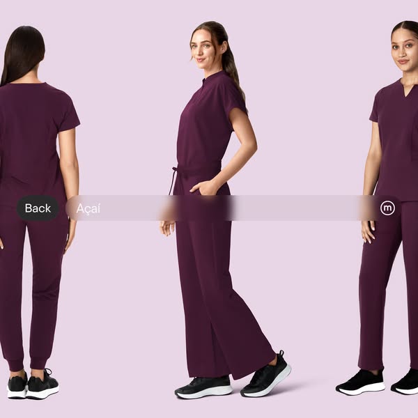 This ad features 3 different angles of a woman wearing a set of medical scrubs. The ad is intended to show the customer 