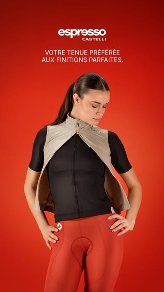 This ad features an image of a woman wearing cycling apparel, specifically a Castelli vest, top, and leggings, against a