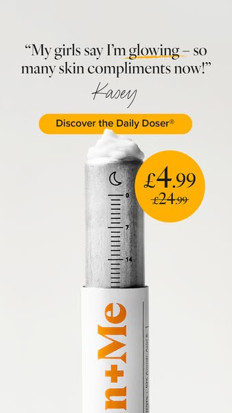 This image ad for Skin+Me features a customer testimonial followed by a product demo highlighting the daily dosage syste