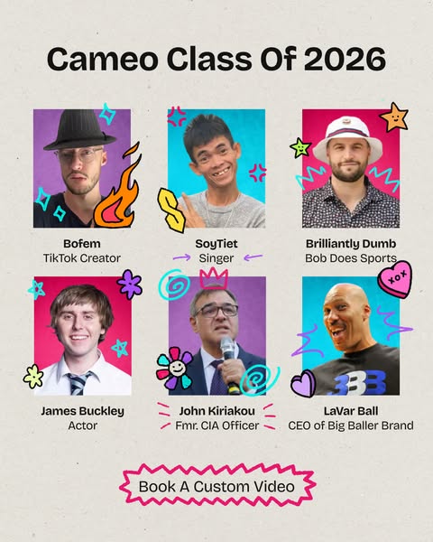 The ad highlights a selection of creators available for booking on the Cameo platform. It showcases a variety of persona