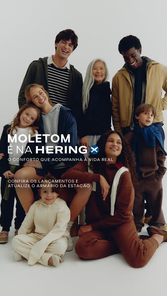 This image ad features a diverse group of adults and children wearing Hering apparel in neutral tones and relaxed styles