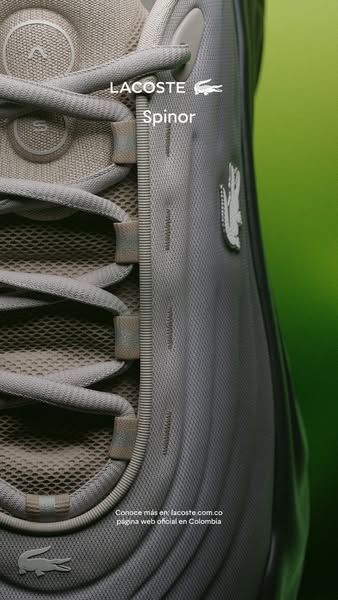 This ad features a close-up of a Lacoste Spinor sneaker, with text highlighting the brand and product name. Additional t
