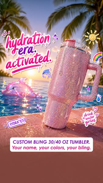 Image ad showcasing a customizable, blinged-out 30/40 oz tumbler in a summery, poolside setting. The ad highlights the p