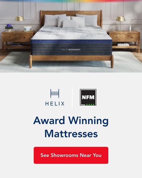 This ad features a Helix Midnight Luxe mattress set up in a bedroom. The ad attempts to attract customers to brick and m
