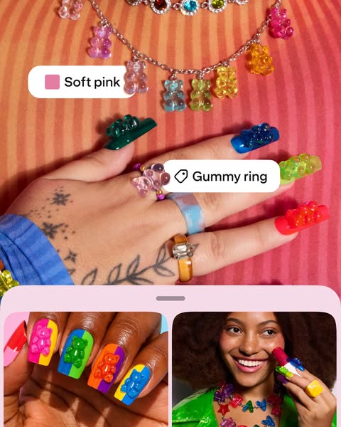 This ad features an assortment of gummy bear rings and nail art. The ad uses several colors, showing the options availab