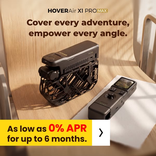 The ad showcases the HoverAir X1 Pro Max drone, highlighting its ability to cover every adventure and empower every angl