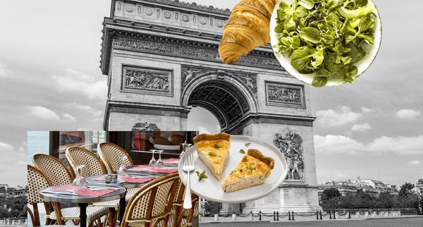 This ad features a composite image of french food items such as a croissant, a bowl of salad, slices of quiche, and a Fr