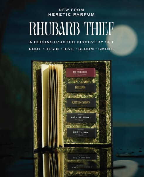 This ad promotes a deconstructed discovery set of perfumes from Heretic Parfum. The set includes five different scents.