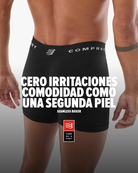This ad promotes seamless boxers from Compressport, emphasizing comfort and irritation-free wear.