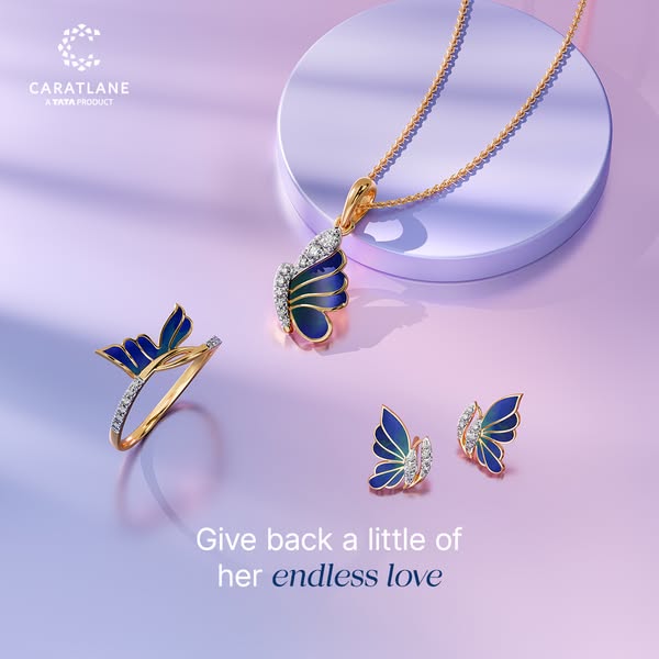 This ad features a jewelry set from CaratLane, including a pendant necklace, a ring, and a pair of earrings, all designe