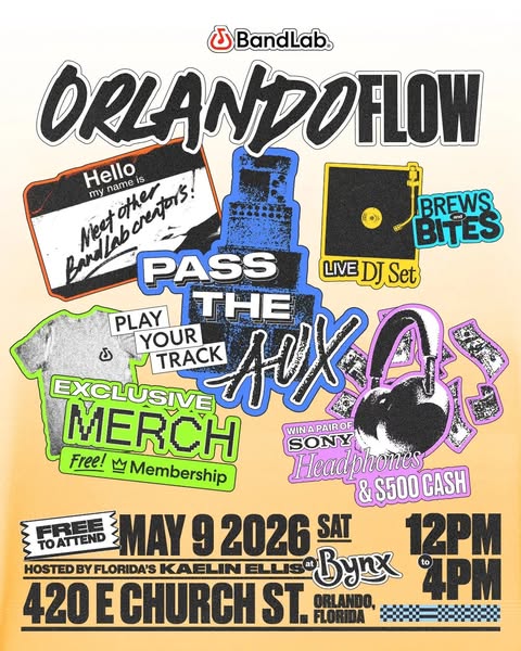 The image is a promotional flyer for OrlandoFlow, an event hosted by BandLab in Orlando, Florida on May 9, 2026. The fly
