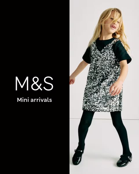 This ad for M&S features a young girl wearing a black t-shirt and shiny silver dress with black tights and patent le