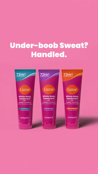 The ad acknowledges the common, yet often unspoken, problem of under-boob sweat and promotes Lume deodorant as the solut
