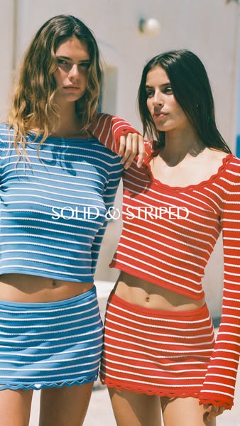 This ad features two women wearing matching striped sweater sets from Solid & Striped. The ad focuses on the product