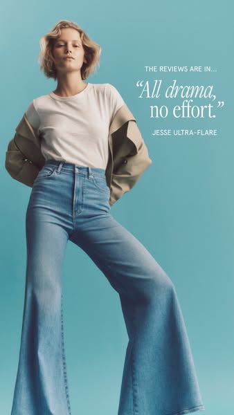 This ad promotes Jesse Ultra-Flare jeans, highlighting their dramatic style and comfort through a positive review.
