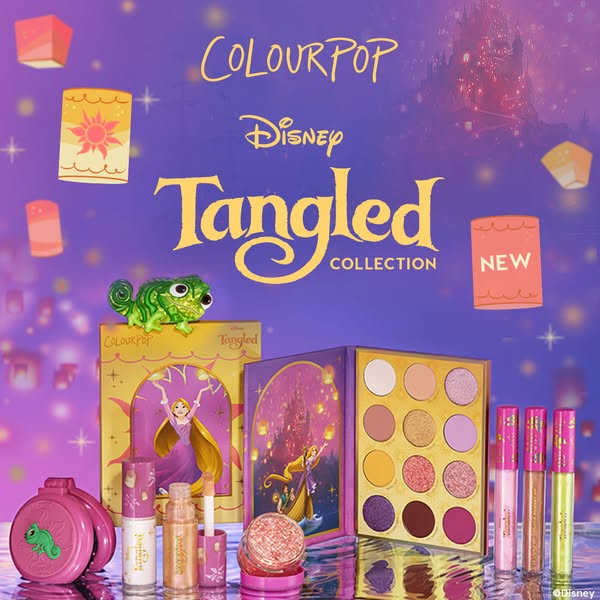This ad is for the ColourPop Disney Tangled Collection. It showcases a variety of the products included in the line, suc