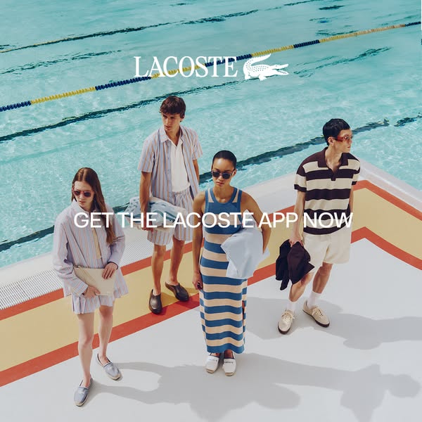 This ad is for Lacoste, featuring four models on a geometric platform with a swimming pool in the background. The ad is