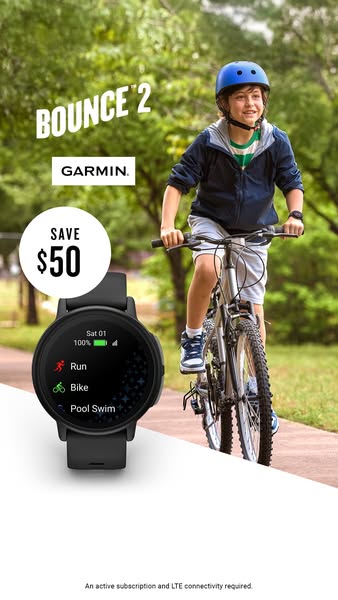 This image ad promotes the Garmin Bounce 2 smartwatch for kids. It features a young boy riding a bike and includes a vis