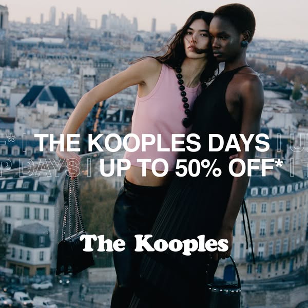 This image ad promotes 'The Kooples Days' with up to 50% off. It features two models on a rooftop in stylish app