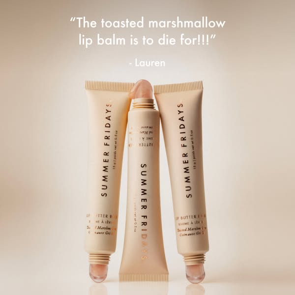 This ad features a quote from a customer, Lauren, raving about the Summer Fridays Toasted Marshmallow lip balm. The ad h