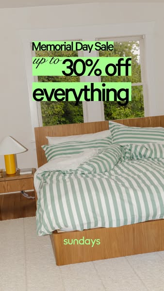 This image ad for Sundays promotes a Memorial Day sale, offering up to 30% off everything. The ad features a bedroom set