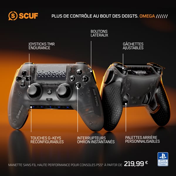 This ad showcases a SCUF wireless gaming controller for PS5 consoles with an emphasis on its high performance and custom