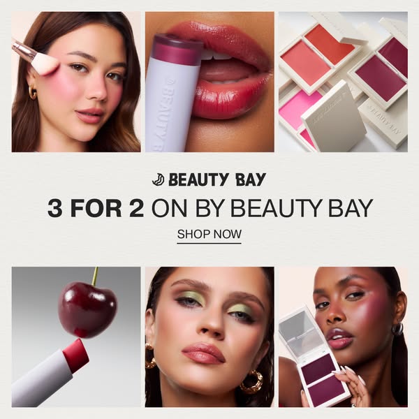 This Beauty Bay image ad uses images of the product and models wearing it to advertise a limited time "3 for 2&quot