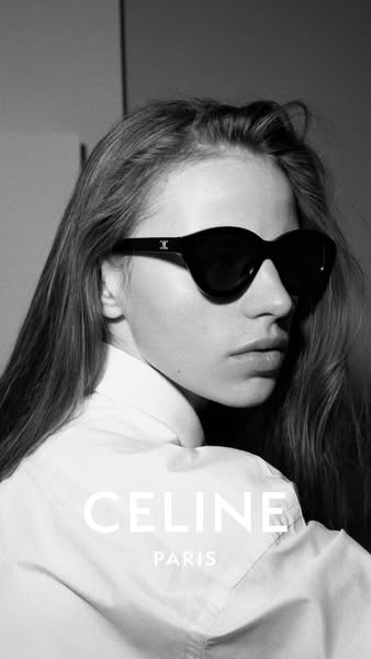 A black and white image ad featuring a model wearing Celine sunglasses.