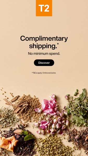 This image ad promotes T2 tea, highlighting complimentary shipping and no minimum spend. The ad features tea ingredients