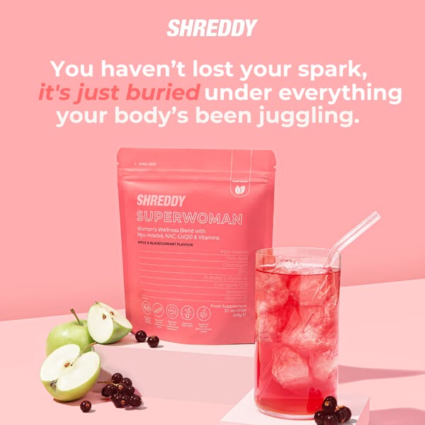 The image ad is for Shreddy Superwoman Women's Wellness Blend. The ad features a pink packet of the supplement next 