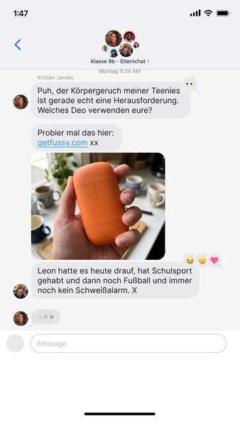 This ad shows a screenshot of messages in a group chat with a recommendation for Fussy deodorant for teen body odor. The