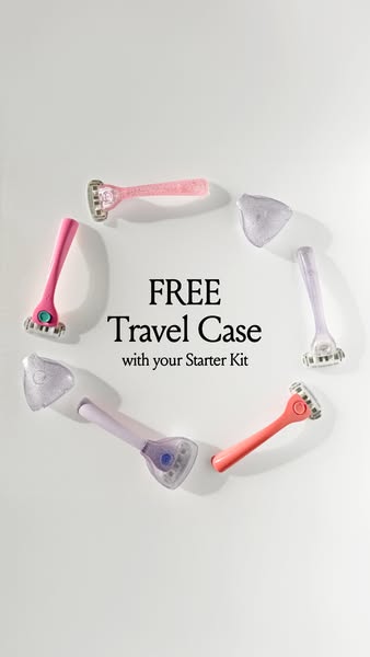 This ad promotes a razor starter kit and offers a free travel case with purchase. The ad features a flat lay of razors i