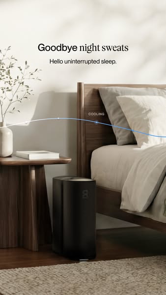 An ad for a cooling device that helps you avoid night sweats and get uninterrupted sleep. A black cylinder stands next t
