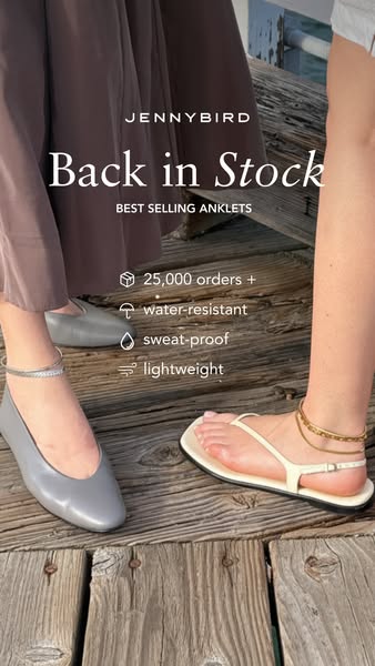 This ad by Jennybird showcases their anklets, highlighting that they are back in stock and also waterproof, sweatproof a