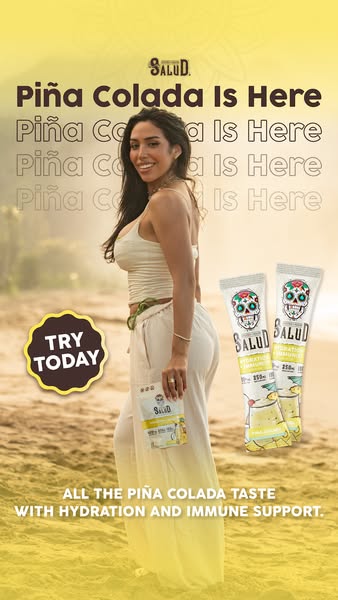 This ad features a woman standing on a beach holding a packet of Salud Piña Colada drink mix. Two tubes of the drink mix